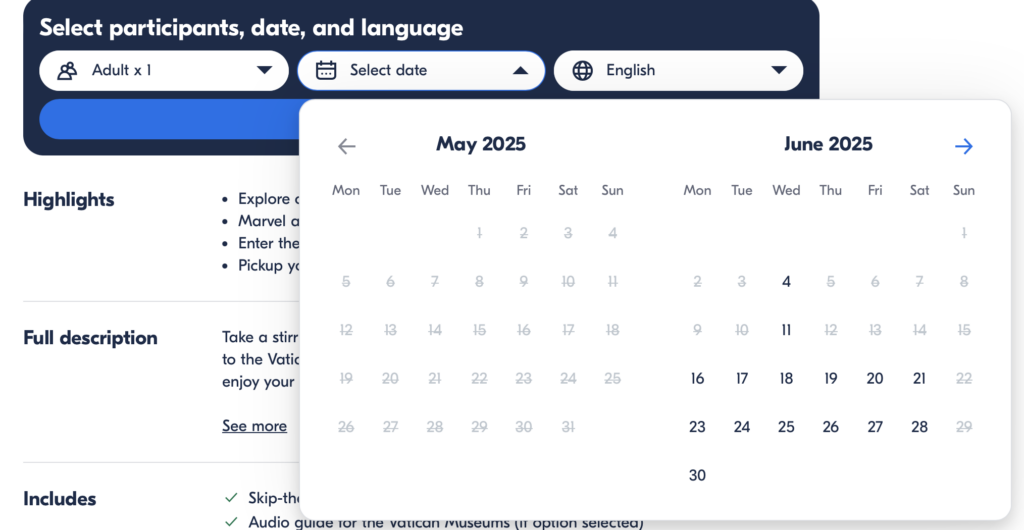 View of ticket availability showing no tickets available for 4 weeks